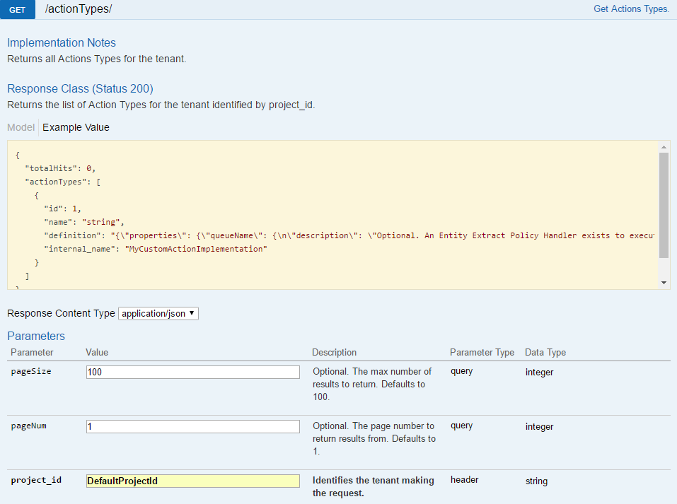 Get Action Types in Data Processing API Swagger UI