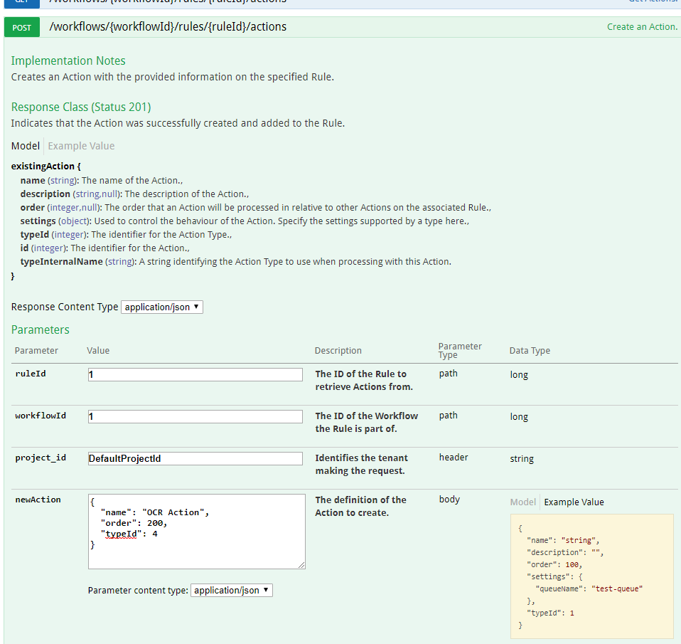 Create Action OCR in Data Processing API Swagger UI