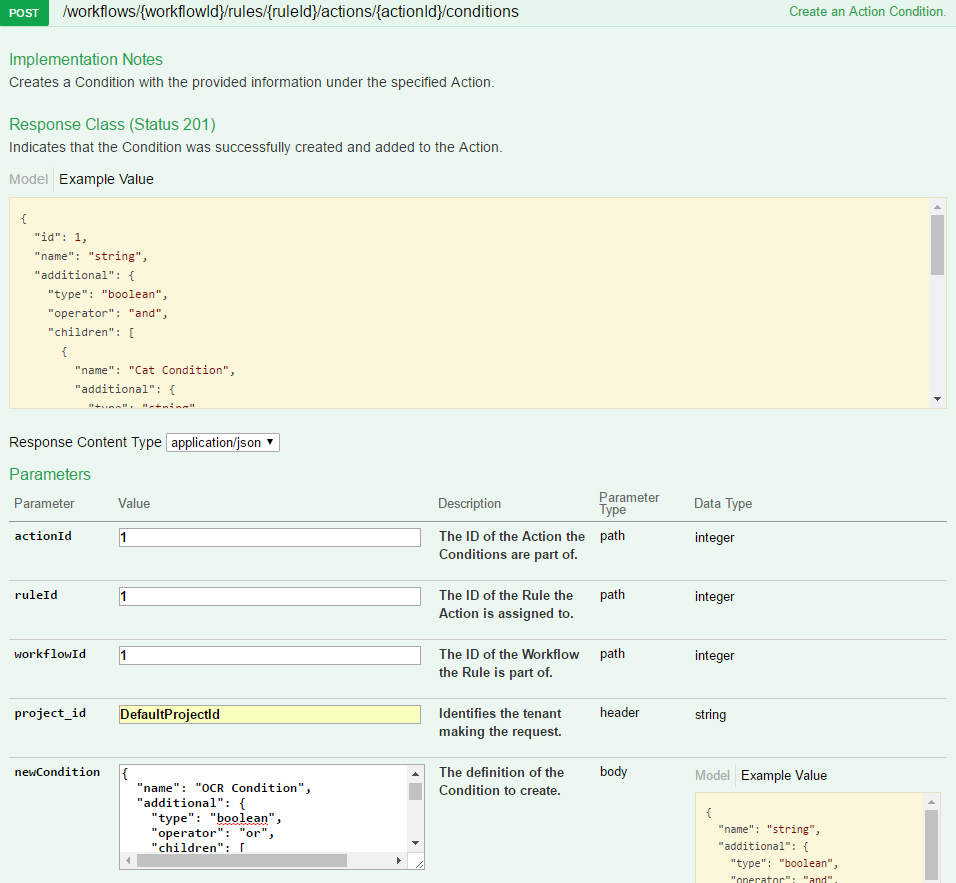 Create Action Condition for OCR in Data Processing API Swagger UI