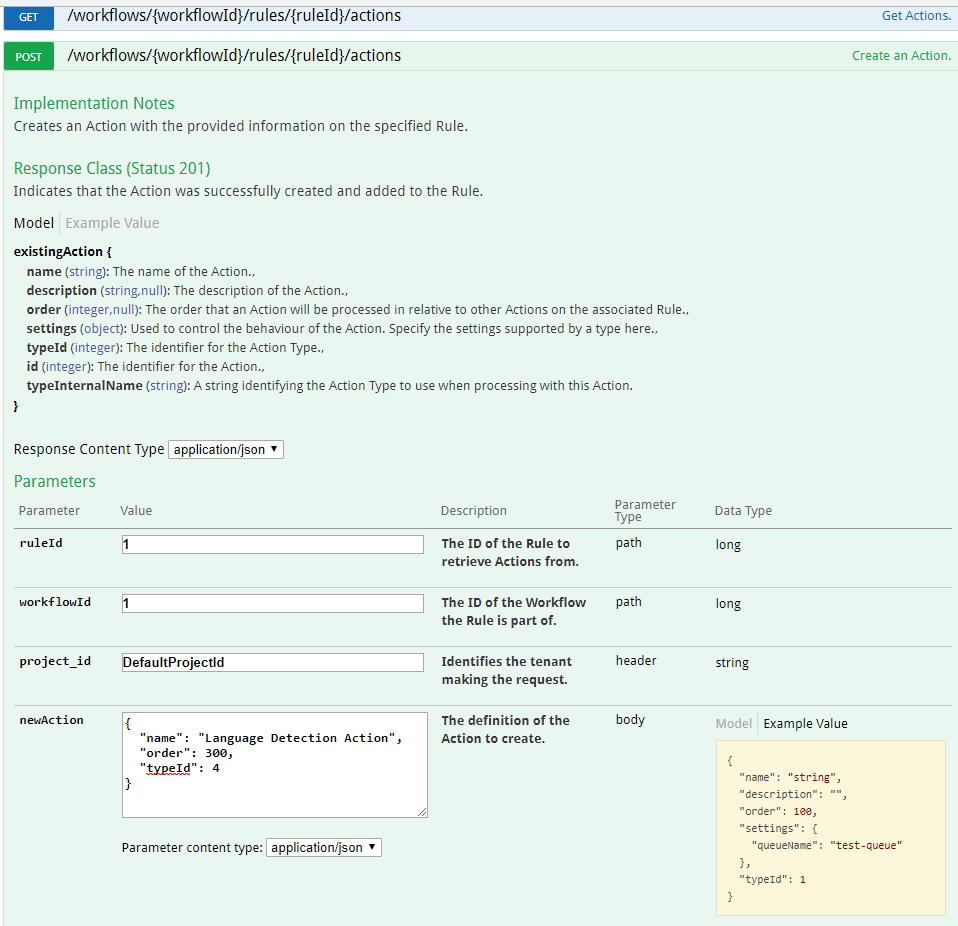 Create Action Language Detection in Data Processing API Swagger UI