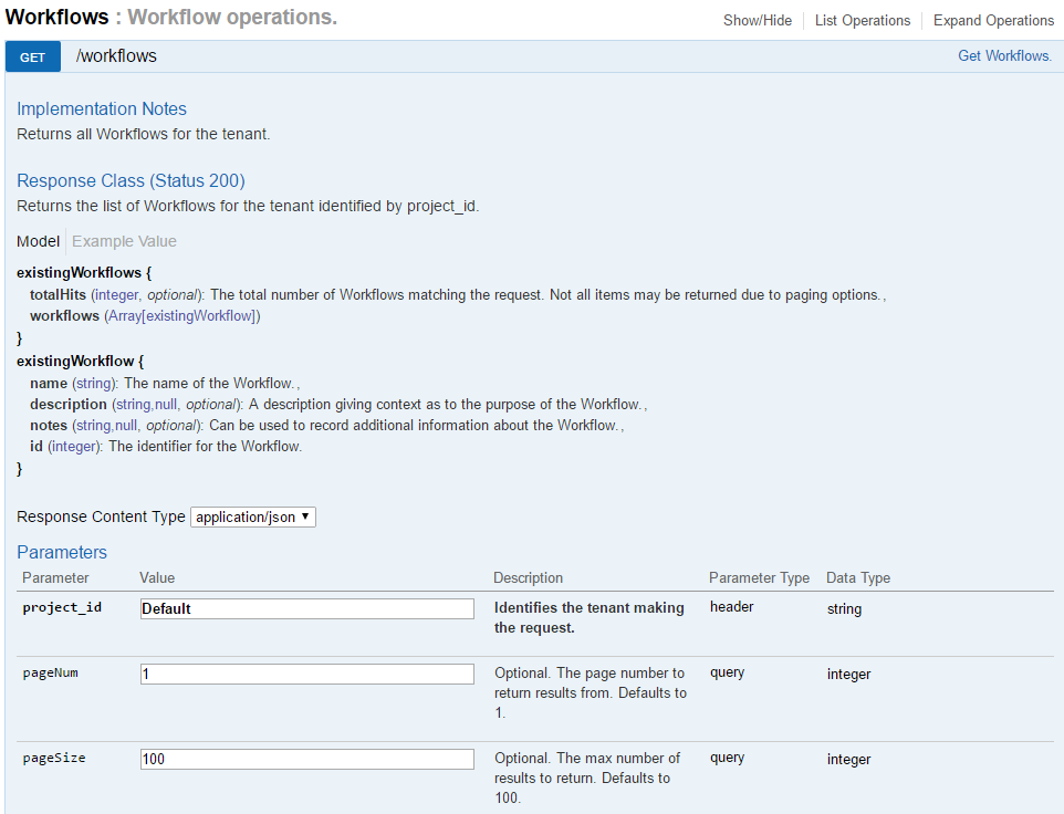 Get Default Workflow ID in Data Processing API Swagger UI